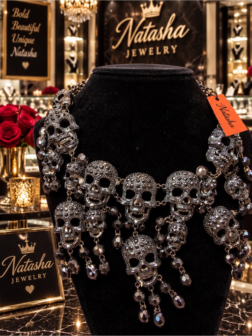 Natasha Couture Black Crystal Skull Bib Necklace - Picture 2 of 3